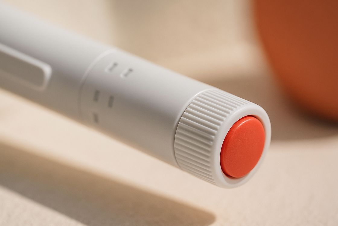The Conduit pen's dose dial and button, up close
