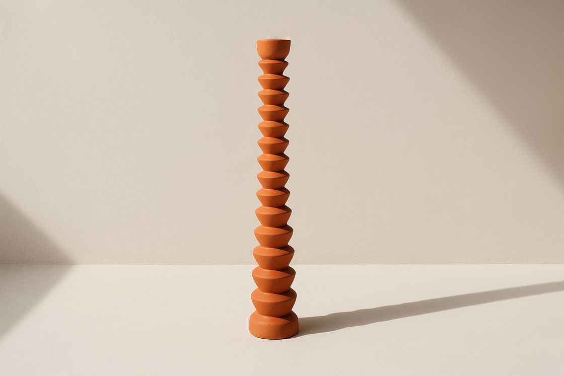 A terracotta totem of many stacked pieces standing in warm light